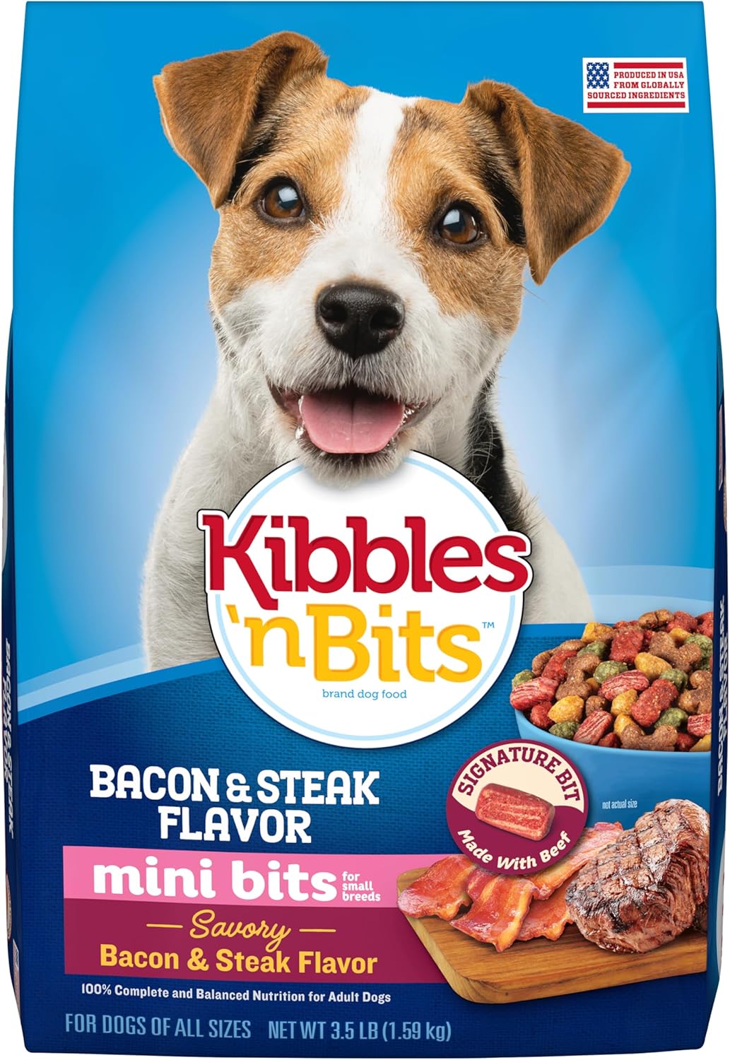Kibbles ‘n Bits Mini Bits Small Breed Dry Dog Food, Savory Bacon & Steak Flavor for Adult Dogs, 3.5 lb. Bag
