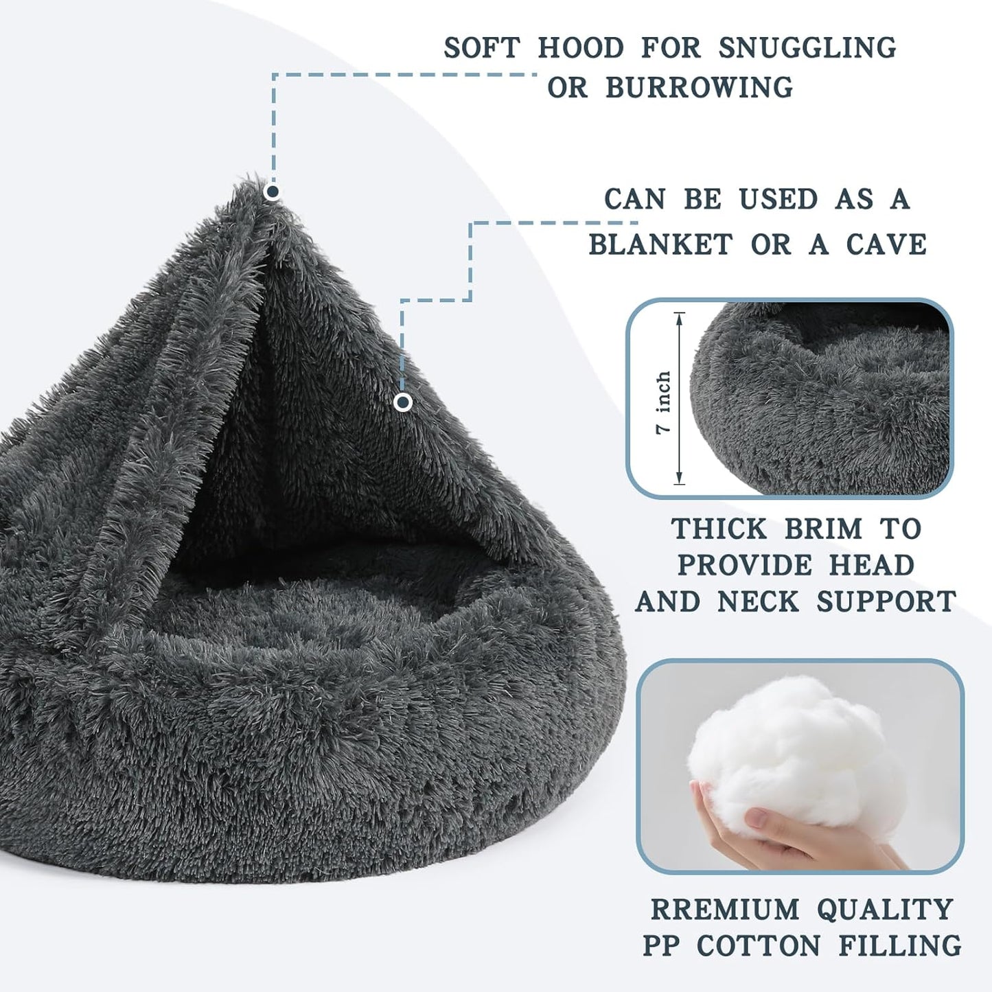 NOYAL Calming Dog Bed for Anxiety, Hooded Donut Cave with Blanket, Plush Fluffy Washable Pet Bed for Small Medium Dogs & Cats