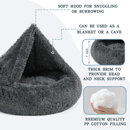 NOYAL Calming Dog Bed for Anxiety, Hooded Donut Cave with Blanket, Plush Fluffy Washable Pet Bed for Small Medium Dogs & Cats