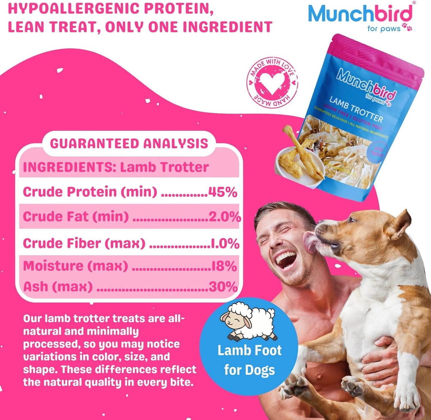 Munchbird Lamb Trotter Dehydrated Dog Treats Natural Glucosamine for Dogs Chondroitin for HIPS and Joints Lean Hypoallergenic Protein Rawhide Free. Alternative to Duck Feet Lamb Ears (4.5 oz)