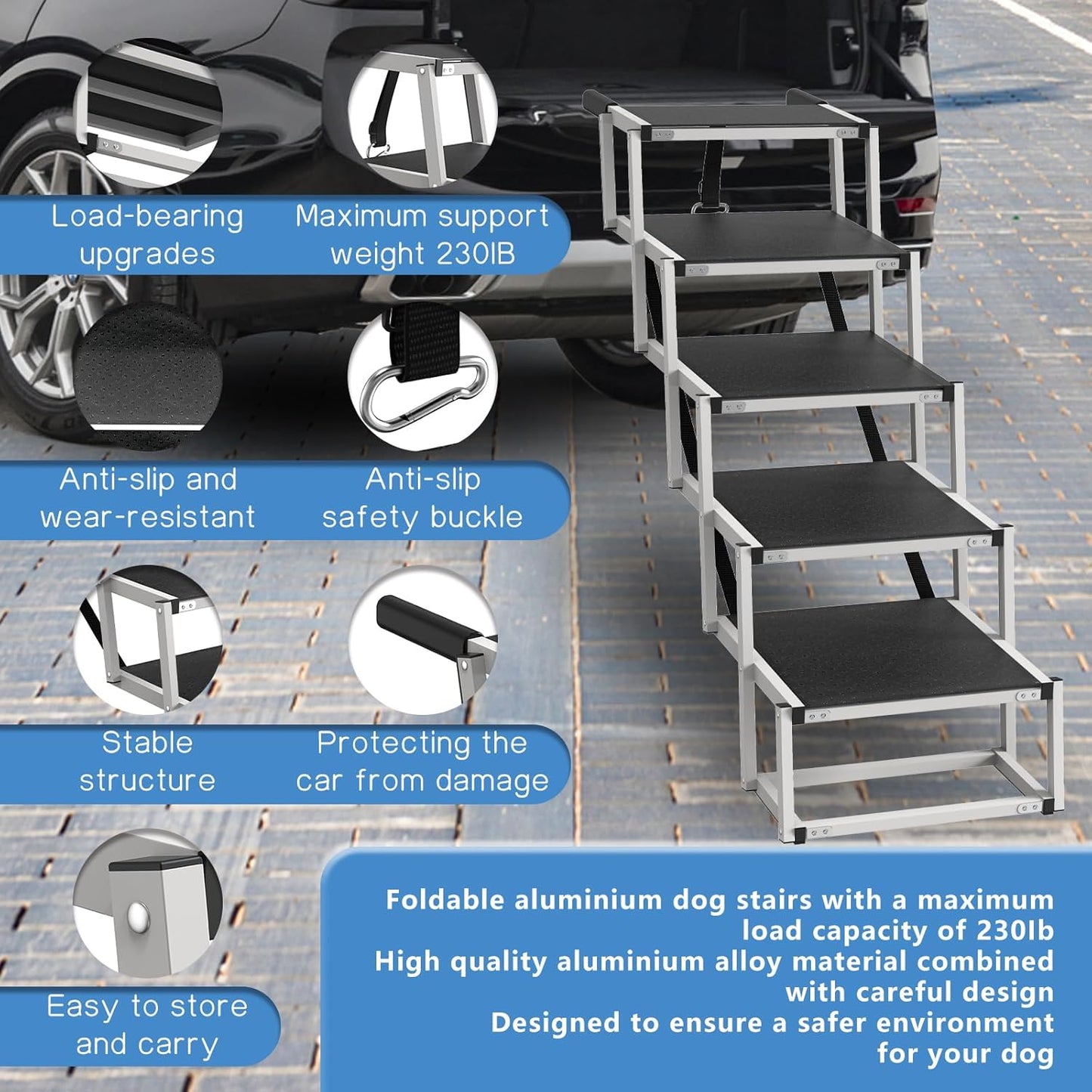 Dog Stairs for Large Dogs - 5 Step Wide 16in High 34in Foldable Dog Ramp for Car Non-Slip Surface Support up to 230lbs - Suitable for SUV,Truck, Sofas, Bed