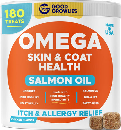 Omega 3 Fish Oil for Dogs (180 Ct) - Skin & Coat Chews - Dry & Itchy Skin Relief + Allergy Support - Shiny Coats - EPA&DHA Fatty Acids - Natural Salmon Oil Chews Promotes Heart, Hip & Joint Support