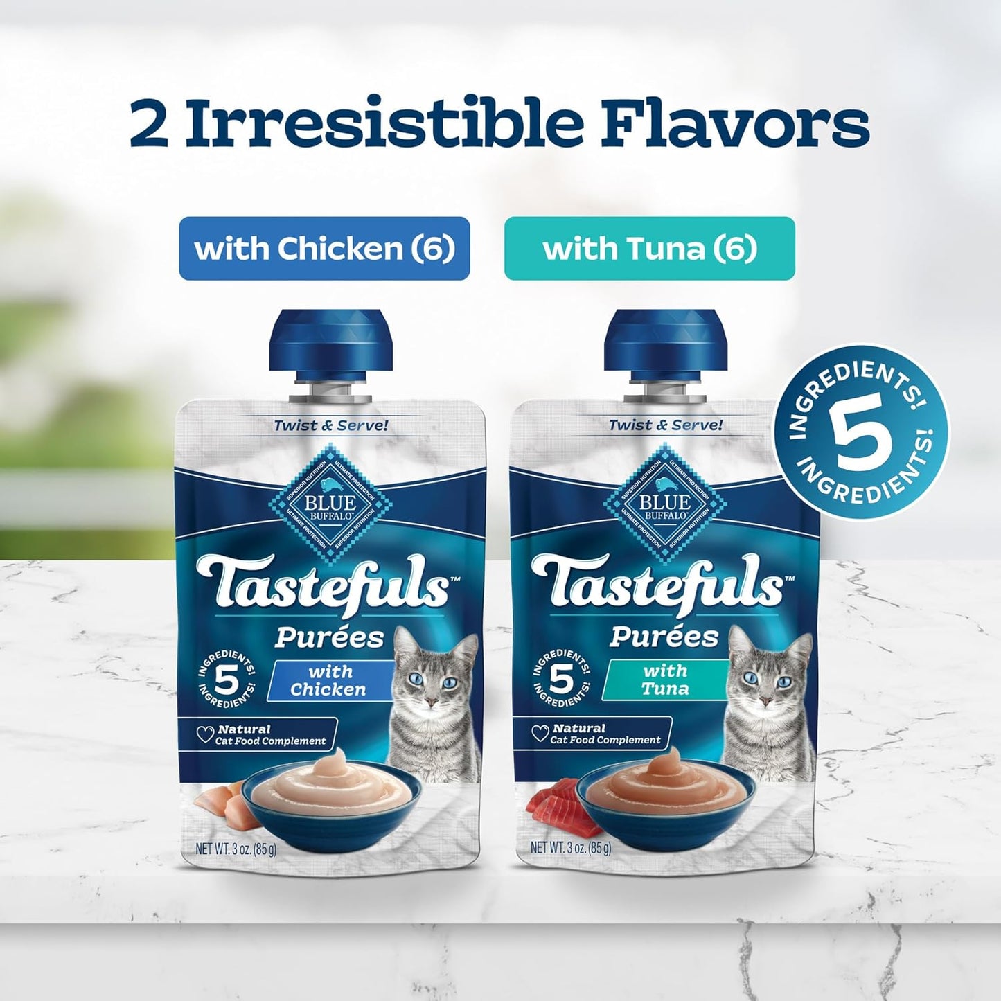 Blue Buffalo Tastefuls Purées Variety Pack, Natural Cat Food Complement, Resealable Twist Cap Pouches, Chicken and Tuna, 3-oz (12 Count, 6 of Each Flavor)