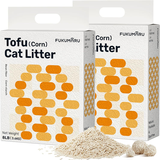 FUKUMARU Tofu Cat Litter, 16lb Fast Clumping & Superior Odor Control, Natural Corn Scent, Dust-Free, Flushable, Low Tracking, Ultra Absorbent, Lightweight, 8lb x 2 Bags