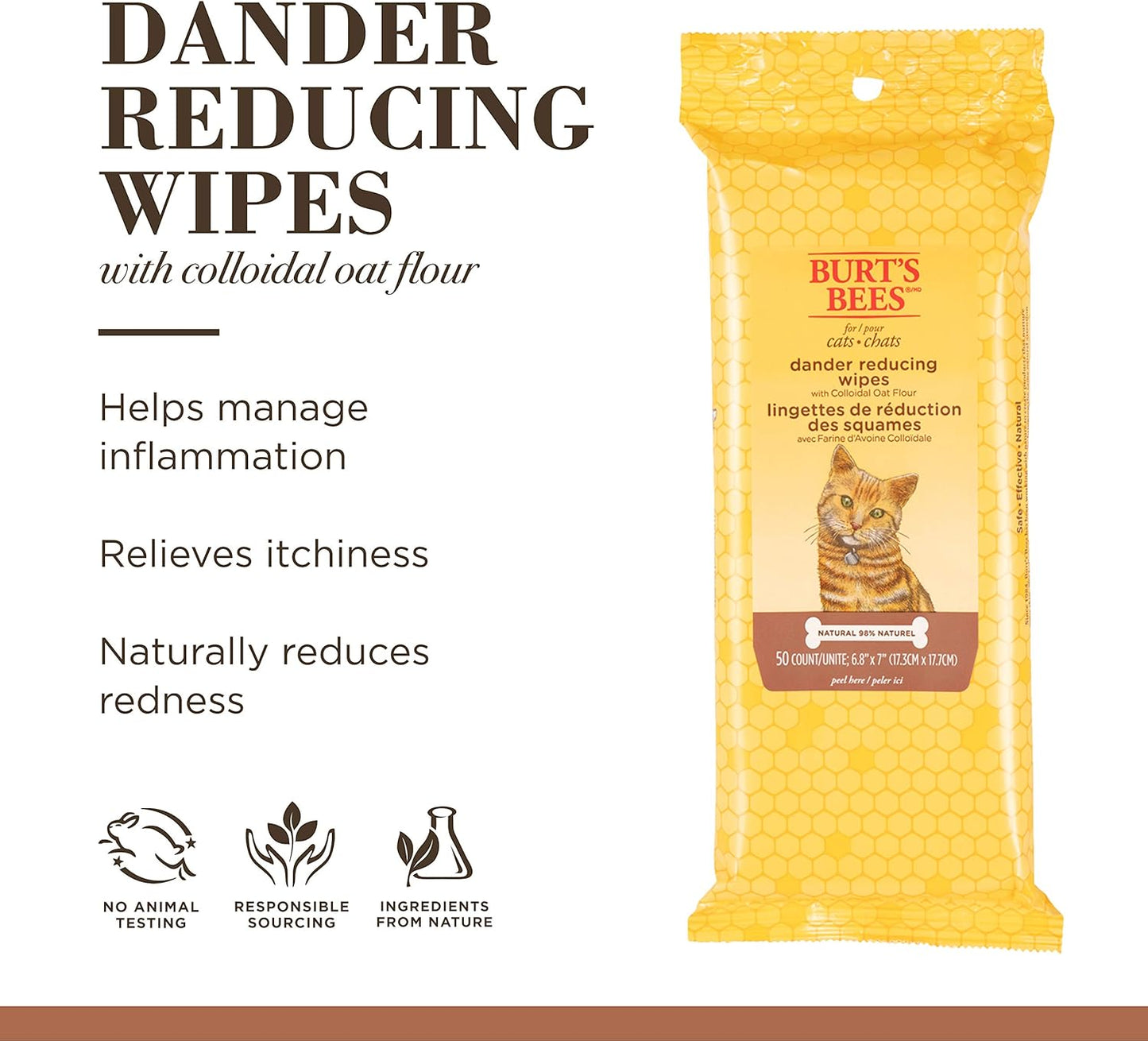 Burt's Bees for Pets For Cats Natural Dander Reducing Wipes | Kitten and Cat Wipes For Grooming, | 50 Count Cat Wipes for Dander Control - 6 Pack (300 Wipes Total)
