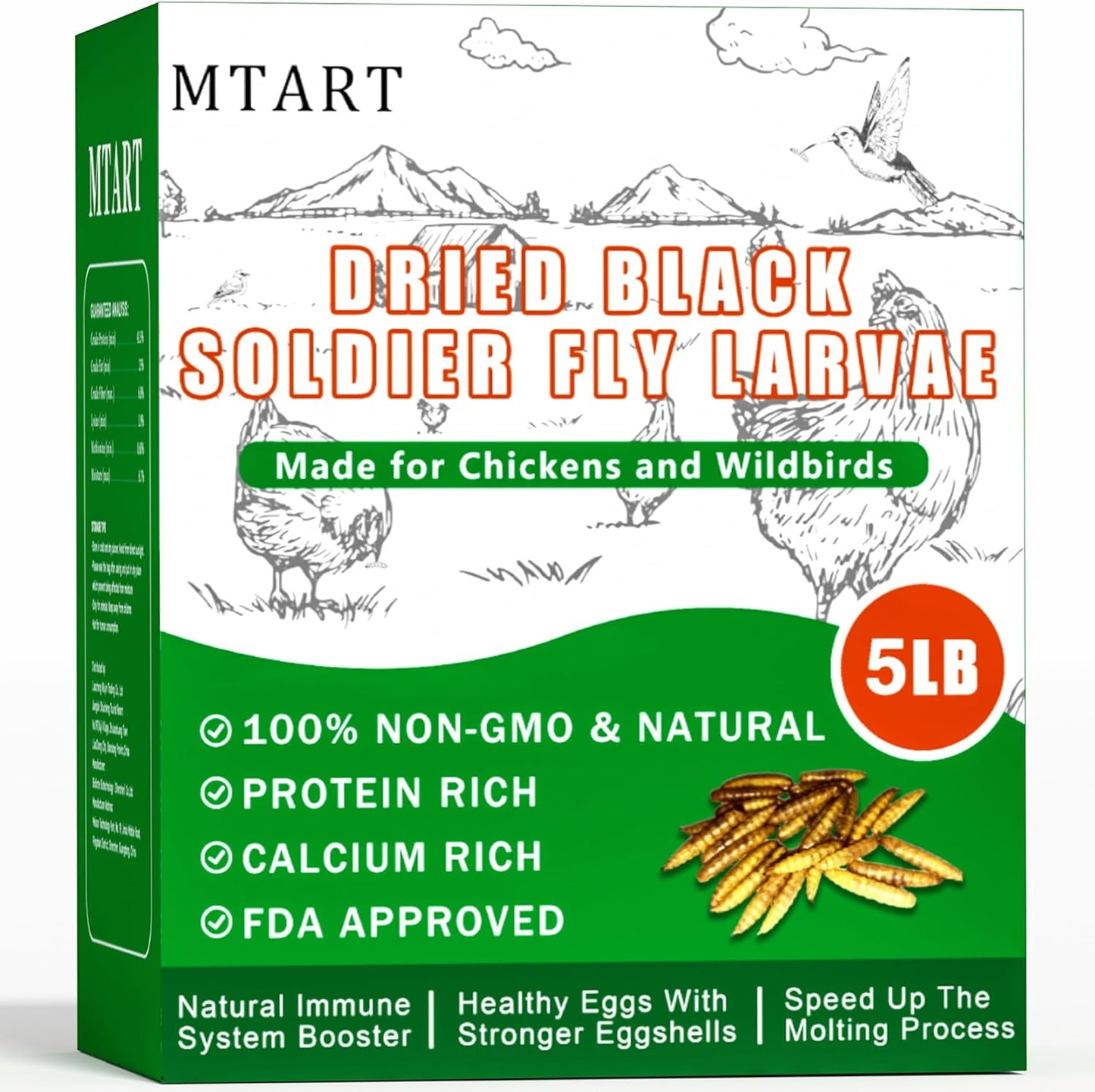5LB Dried Black Soldier Fly Larvae Treat for Chicken, 100% Natural Non-GMO More Calcium Than Dried Mealworms High Protein Chicken Feed for Birds, Ducks, Layer Hens