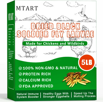 5LB Dried Black Soldier Fly Larvae Treat for Chicken, 100% Natural Non-GMO More Calcium Than Dried Mealworms High Protein Chicken Feed for Birds, Ducks, Layer Hens