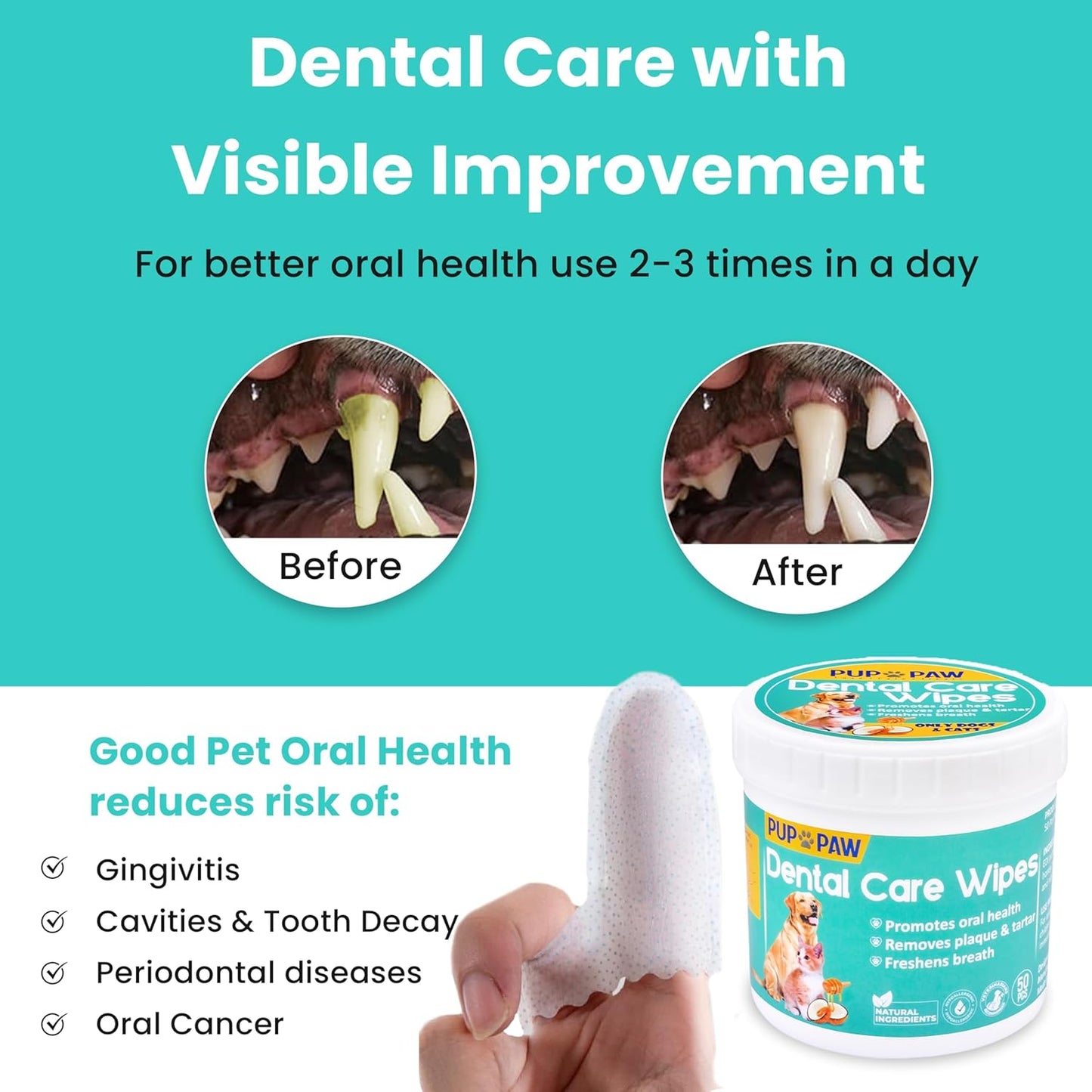 Premium Dog Teeth Cleaning Wipes - All Natural dog Toothbrush & Tooth Brushing Kit - Pet Dental Finger Wipes for cats & dogs - Freshens Breath, Reduces Tartar & Plaque - All in one finger wipes (50)