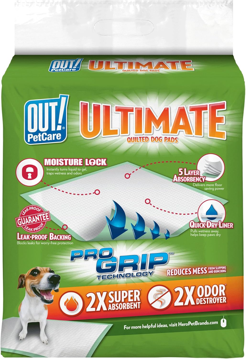 OUT! Petcare Large Dog Pee Pads, Disposable Quilted Training Pads with Pro-Grip, Leak Proof Absorbent Backing, Fast Drying, Puppy Housebreaking, Non Slip, Indoor Pet Potty Supplies, 21x21, 50 Count