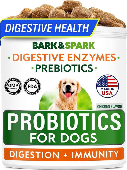 BARK&SPARK Probiotics for Dogs Digestive Health w/Enzymes - Diarrhea Gas Treatment Upset Stomach Relief - Allergy & Itchy Skin - Pet Dogs Probiotics - Digestion Supplement Treat (120Ct Chicken)