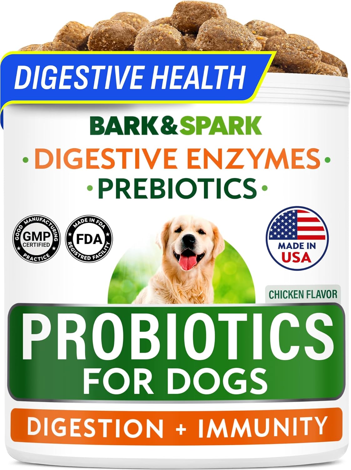 BARK&SPARK Probiotics for Dogs Digestive Health w/Enzymes - Diarrhea Gas Treatment Upset Stomach Relief - Allergy & Itchy Skin - Pet Dogs Probiotics - Digestion Supplement Treat (120Ct Chicken)