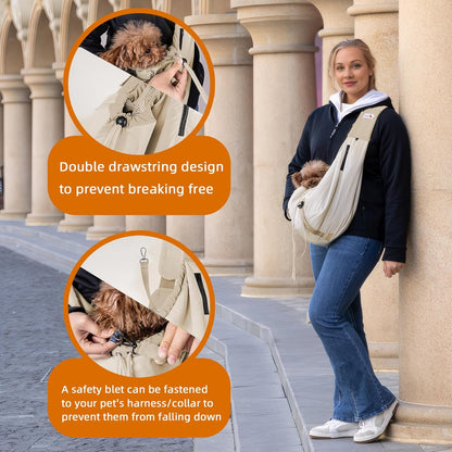 Dog Carrier Sling,Dog Carriers for Small Dogs & Cats Up to 20lbs,Puppy Carrying Backpack Pet Purse with Pockets,Adjustable Shoulder Strap,Hands Free for Travel (Beige)