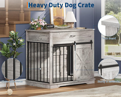37.8" W Dog Crate Furniture for Small/Medium Dogs, 2-in-1 Iron-Wood Fusion Dog Cage Indoor As Side End Table, Farmhouse Dogs Kennel with Sliding Barn Doors & Storage Drawer, Grey