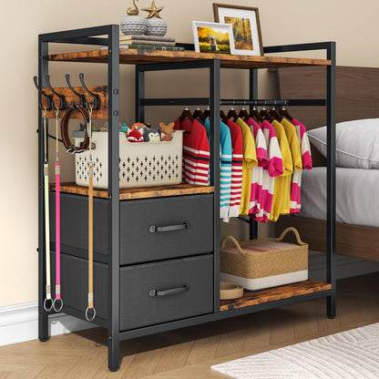 kepptory Dog Closet with Drawers & 4 Hooks, Freestanding Pet Garment Rack for Dog Clothes & Cat Accessories, Pet Supply Storage Organizer, Metal Frame Industrial Style