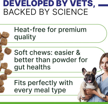 Probiotic, Enzyme, Prebiotic, Dog Chews for Digestive Support - Helps with Stool Consistency, Gas, Constipation, Diarrhea - 120 Chews Single Pack Duck