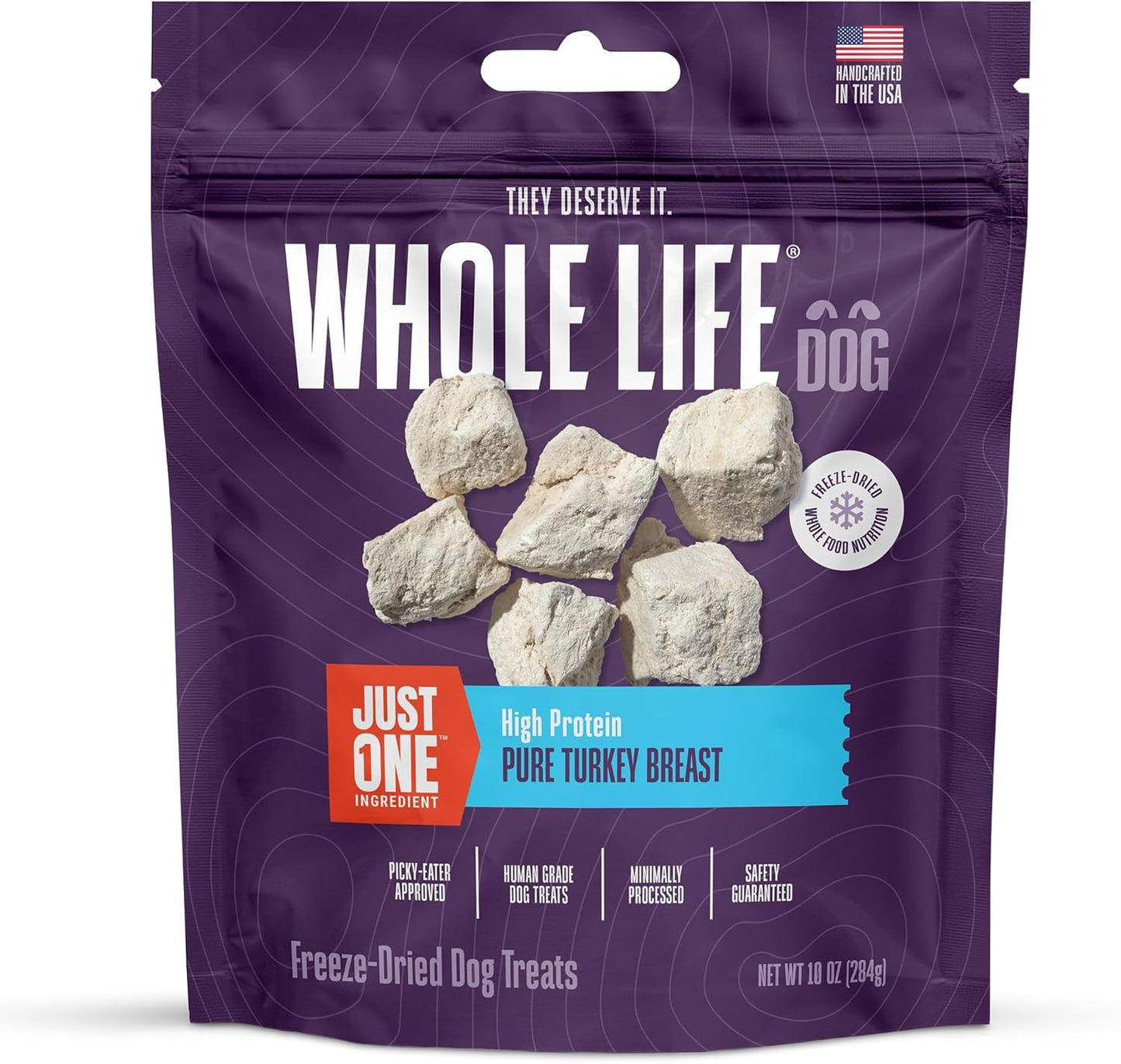 Whole Life Dog Just One Turkey Freeze Dried Dog Treats - Human Grade High Protein Food, Healthy Training Snacks, Freeze Dried Food Toppers, USA Made Natural Treats - 10 oz (Value Pack of 1)