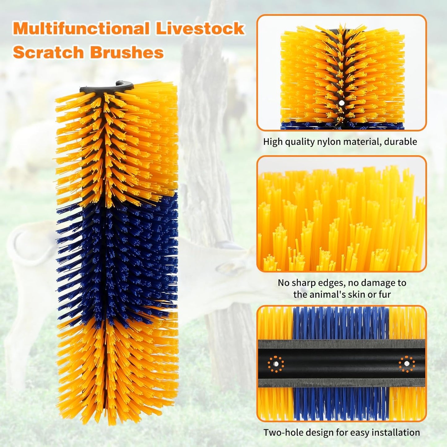 2 Pcs Livestock Scratch Brushs, Cattle Brush Relieves Itching and Cleansing Massage Brush Kit, Cattle Supplies Suitable for Cows, Horses, Sheep & Pigs with 2 Screws