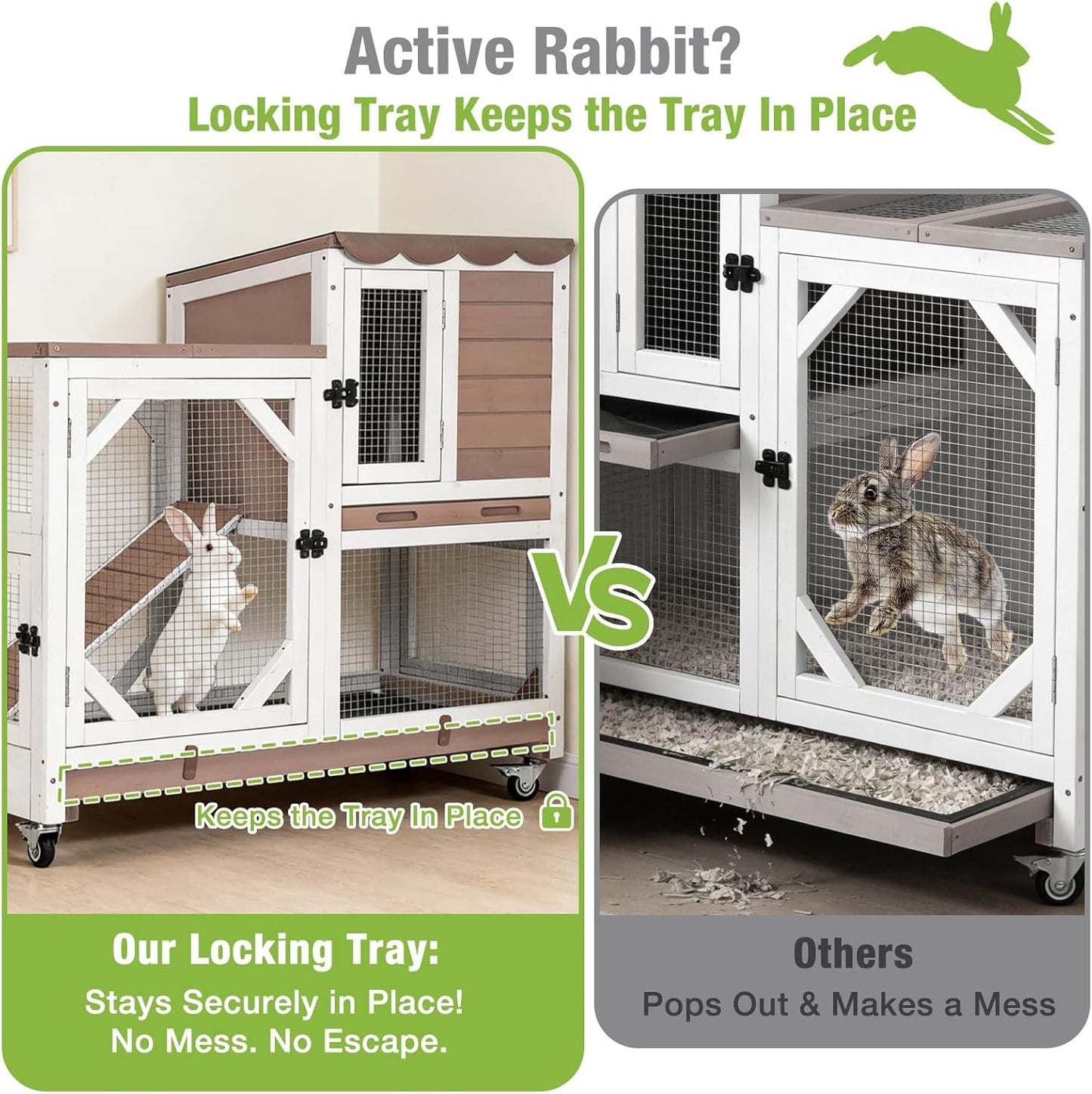 Gutinneen 2-Story Rabbit Hutch with Chew-Proof Ramp & Leak-Proof Trays - Indoor/Outdoor 39.3" Wooden Rabbit Cage with Wheels for Rabbits, Guinea Pigs