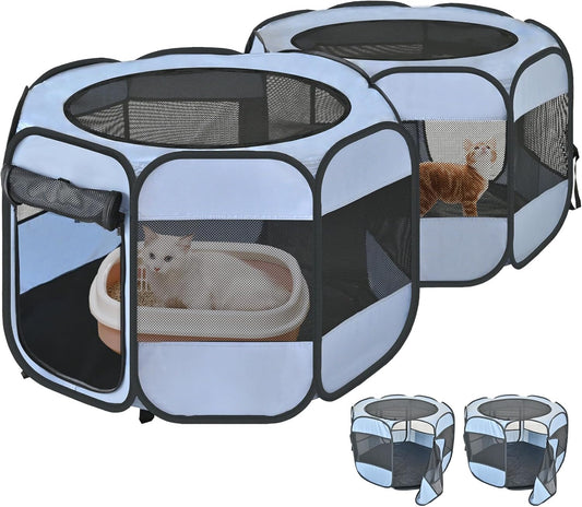 2-in-1 Cat Playpens, Detachable into 2 Separate Playpens with Additional 2 Doors, Portable Dog Playpen Cat Tent Enclosure for Kitten and Puppy Indoor Outdoor Use(M)