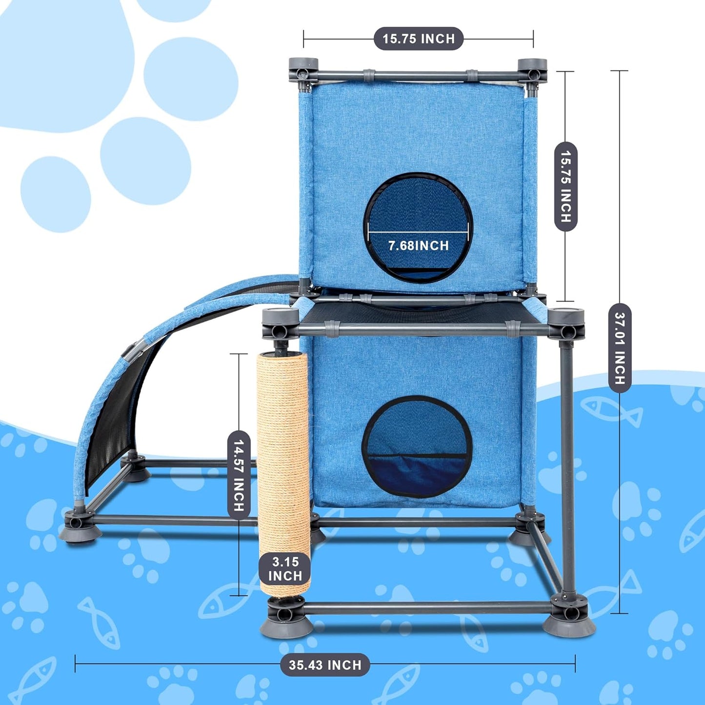 Large Cat Tree with Scratching Post, Ladder & Perches – Multi-Level Cat Climbing Furniture for Indoor/Outdoor Use+Blue/35.43" L x 35.43" W x 37.01" H