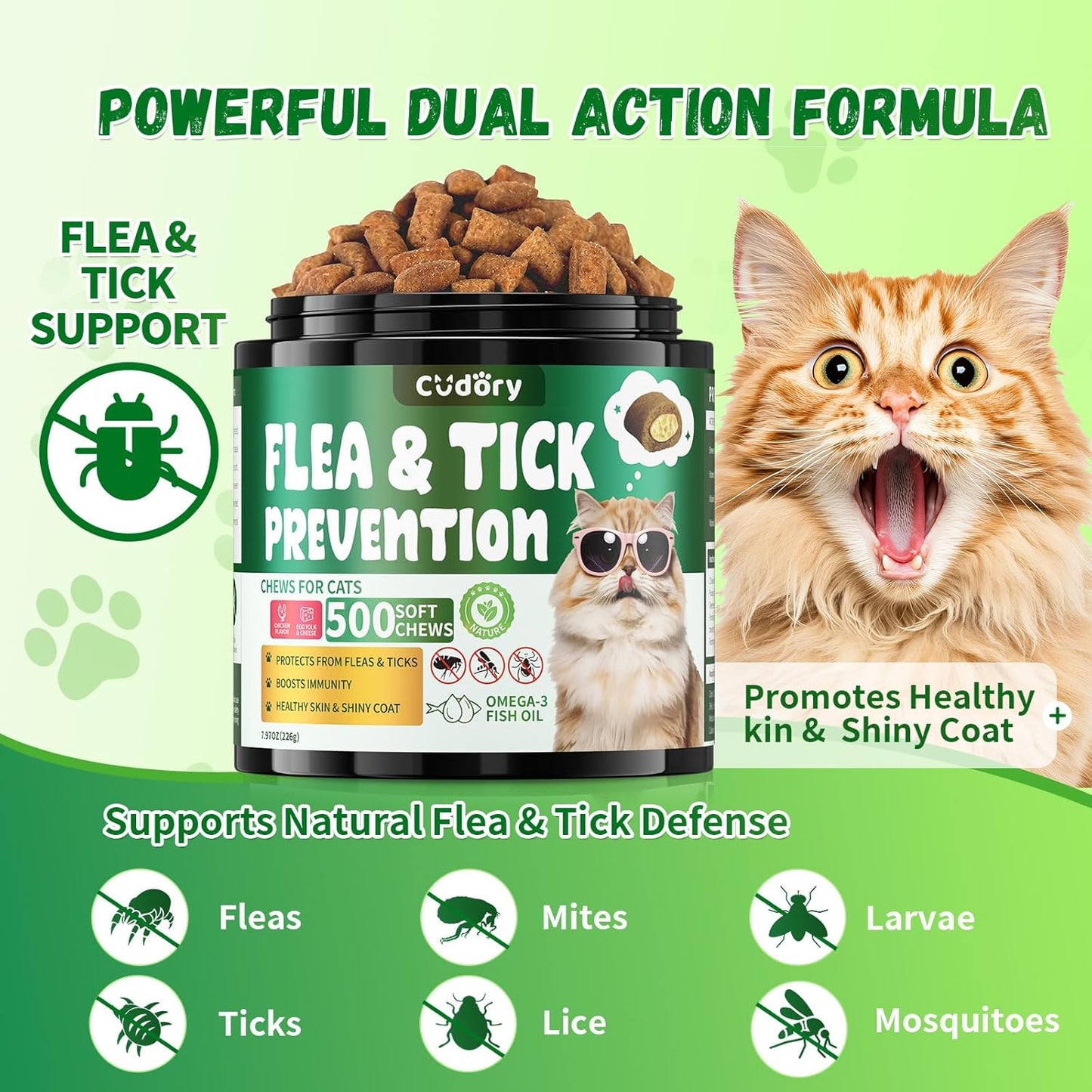 Flea & Tick Support for Cats 500 Crunchy & Creamy Chews Flea & Tick Support for Cats – Natural Herbal Drops with Multivitamin