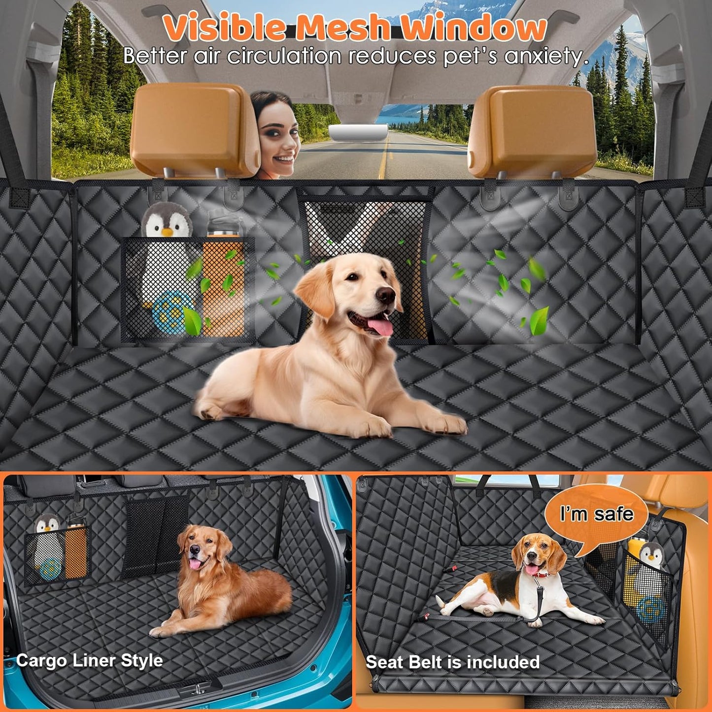 URPOWER Backseat Extender for Dogs - Hard Bottom Dog Car Seat Cover for Back Seat, Dog Hammock for Car, SUV, and Truck, Pet Rear Seat Protector Dogs Travel Bed with Mesh Window & Side Flaps