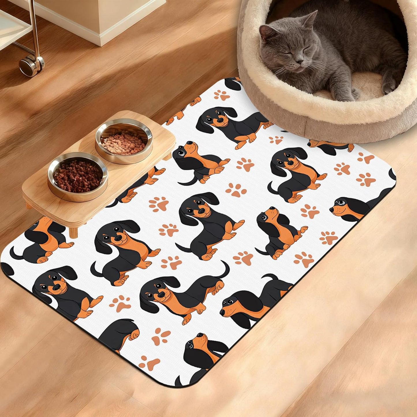 Dog Bowl Mat,Dog Dachshund Pet Feeding Mat for Floors Waterproof,Grey Paws Absorbent Dogs Placemat for Food and Water Quick Dry Pet Cat Feeding Mats with Non Slip Bottom 16" x 24"