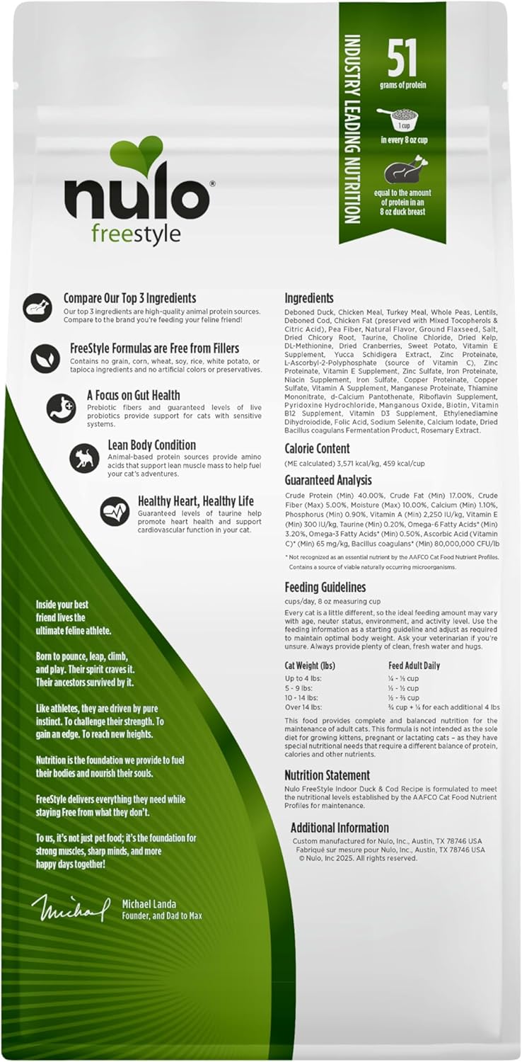 Nulo Freestyle High Protein Indoor Cat Food, Duck & Cod Recipe - Natural Grain-Free Dry Indoor Cat Food with Omega Fatty Acids, & Probiotics, 2 lb Bag