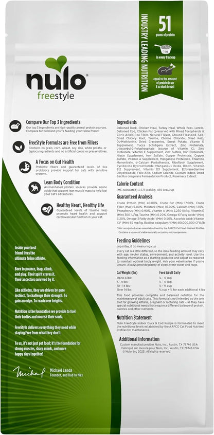 Nulo Freestyle High Protein Indoor Cat Food, Duck & Cod Recipe - Natural Grain-Free Dry Indoor Cat Food with Omega Fatty Acids, & Probiotics, 2 lb Bag