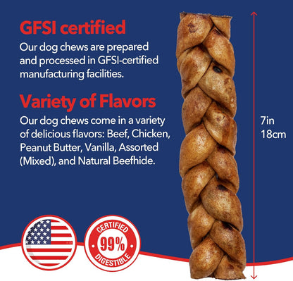 Pet Factory 7in Braided Beefhide Dog Chew Sticks with Peanut Butter Flavor - 100% USA Made Rawhide Chews for Medium Dogs, Long Lasting Dental Health, 7 inches (Pack of 6)