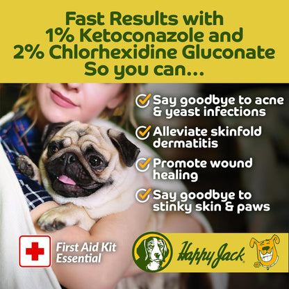 HAPPY JACK KetoHexidine Pet Wipes, Chlorhexidine Pads for Dogs & Cats with Ketoconazole, Cat Wipes for Acne, Wrinkles, Paws, Itchy Skin, 50 Ct