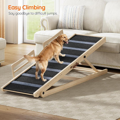HOOBRO Dog Ramp for Bed, 63" Long Folding Pet Ramp with Non-Slip Mat and Safety Side Rails, 5 Height Adjustable up to 29.5", Wooden Dog Ramp for Couch, for Small/Large Dogs, Natural and Black NB46PT03