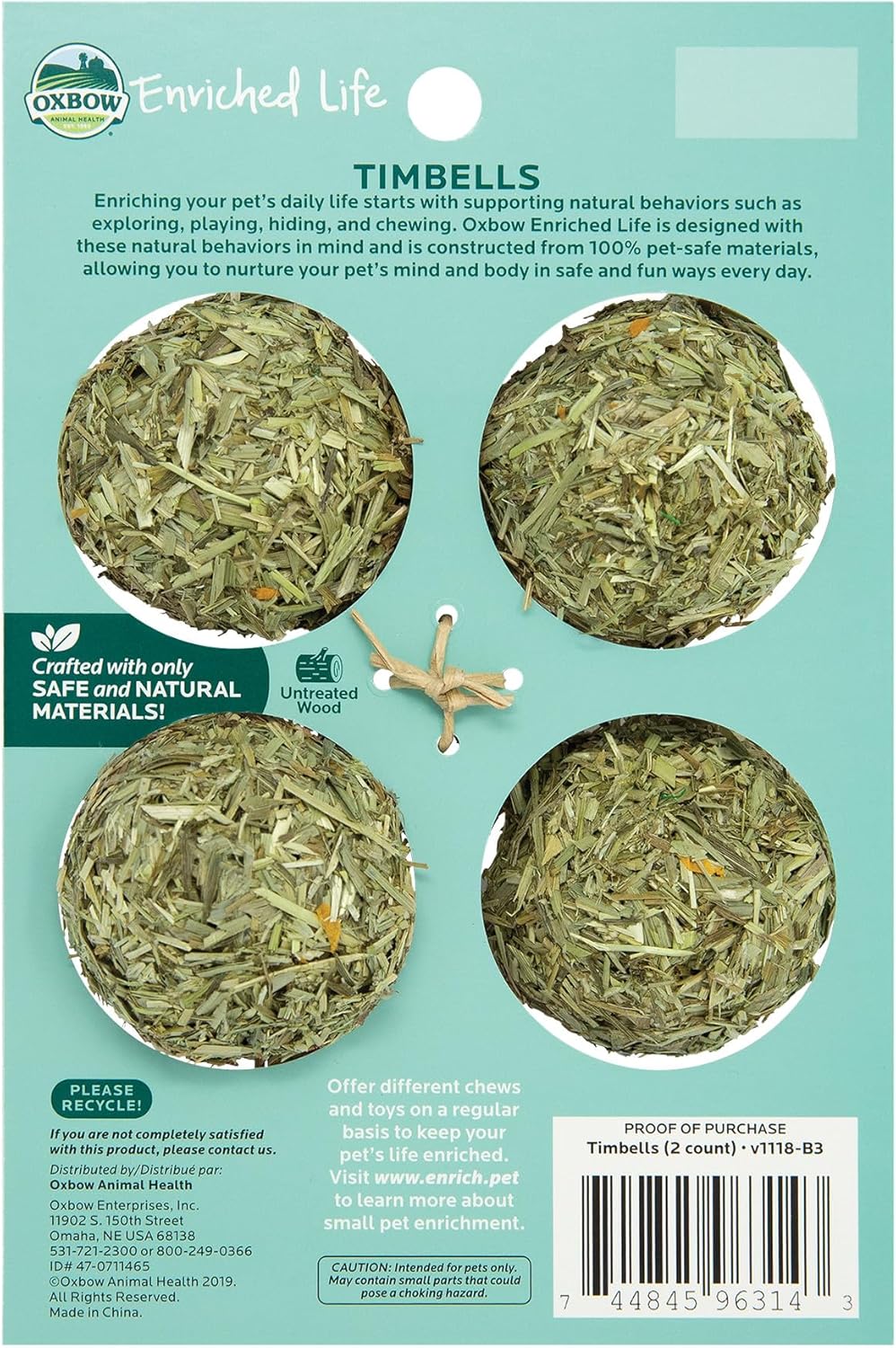 Oxbow Enriched Life Timbells, Rabbit Toys, Guinea Pig Toys, Enrichment for Bunny, Guinea Pig, Hamster, Rabbit, Chinchilla, Timothy Hay, Chinchilla Cage Accessories, Small Pet Accessories for Cage