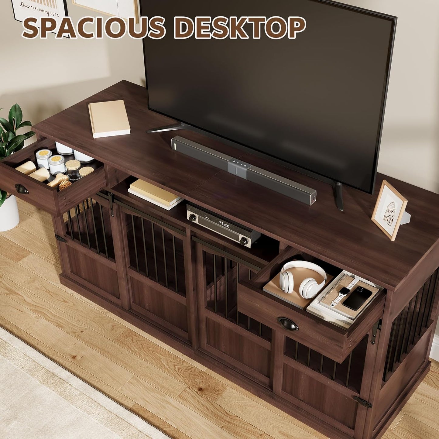 70.86" Double Dog Crate Furniture with Storage for 2 Medium Large Dogs Farmhouse Wooden Dog Kennel Furniture with 2 Sliding Doors Divider & Power Outlets Decorative Dog Cage TV Stand, Brown