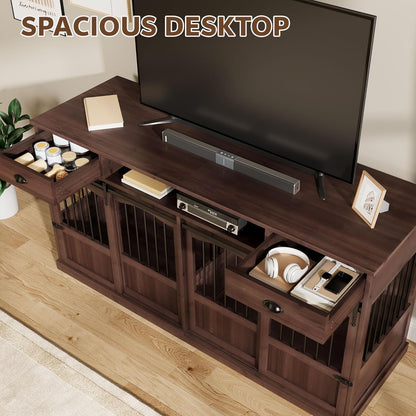 70.86" Double Dog Crate Furniture with Storage for 2 Medium Large Dogs Farmhouse Wooden Dog Kennel Furniture with 2 Sliding Doors Divider & Power Outlets Decorative Dog Cage TV Stand, Brown