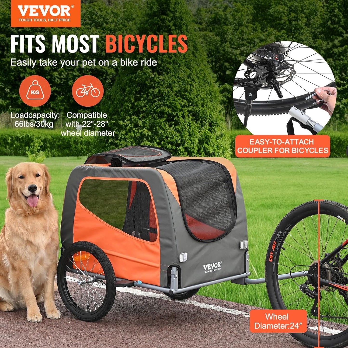 VEVOR Dog Bike Trailer, Supports up to 66 lbs, Pet Cart Bicycle Carrier for Small & Medium Dogs, Easy Folding Frame with Quick Release Wheel, Universal Bicycle Coupler, Reflector, Flag, Internal Leash