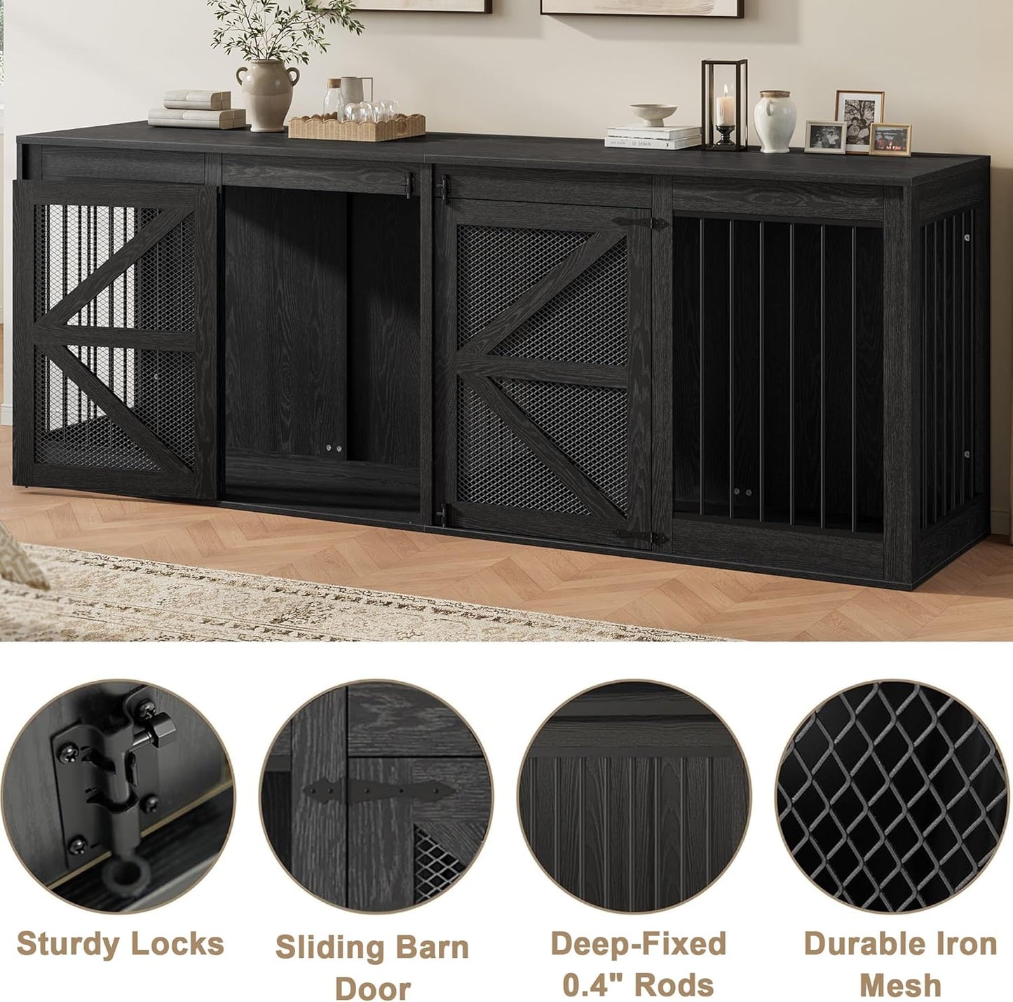 94.5'' Double Dog Crate Furniture, Farmhouse Dog Kennel TV Stand for 2 Large Dogs, Wooden Dog Cage Extra Large Breed with Divider & Solid Metal Tube, Black