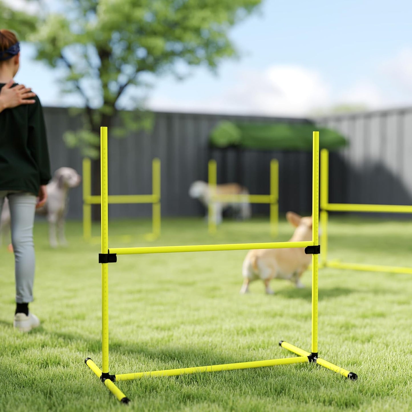 PawHut 4 Piece Dog Agility Training Equipment for Dog Agility Course with Adjustable Height Jump Bars, Included Carry Bag, & Displacing Top Bar, Yellow