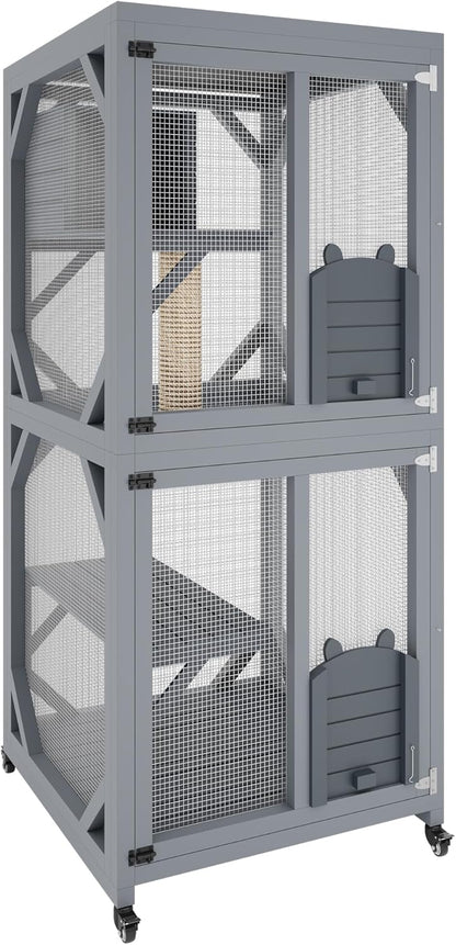 4 Tiers Outdoor Cat Enclosure on Wheels, 68'' Catio with Window Access, Weatherproof Roof Cats House with Scratch Post, Platforms and Resting Box Grey