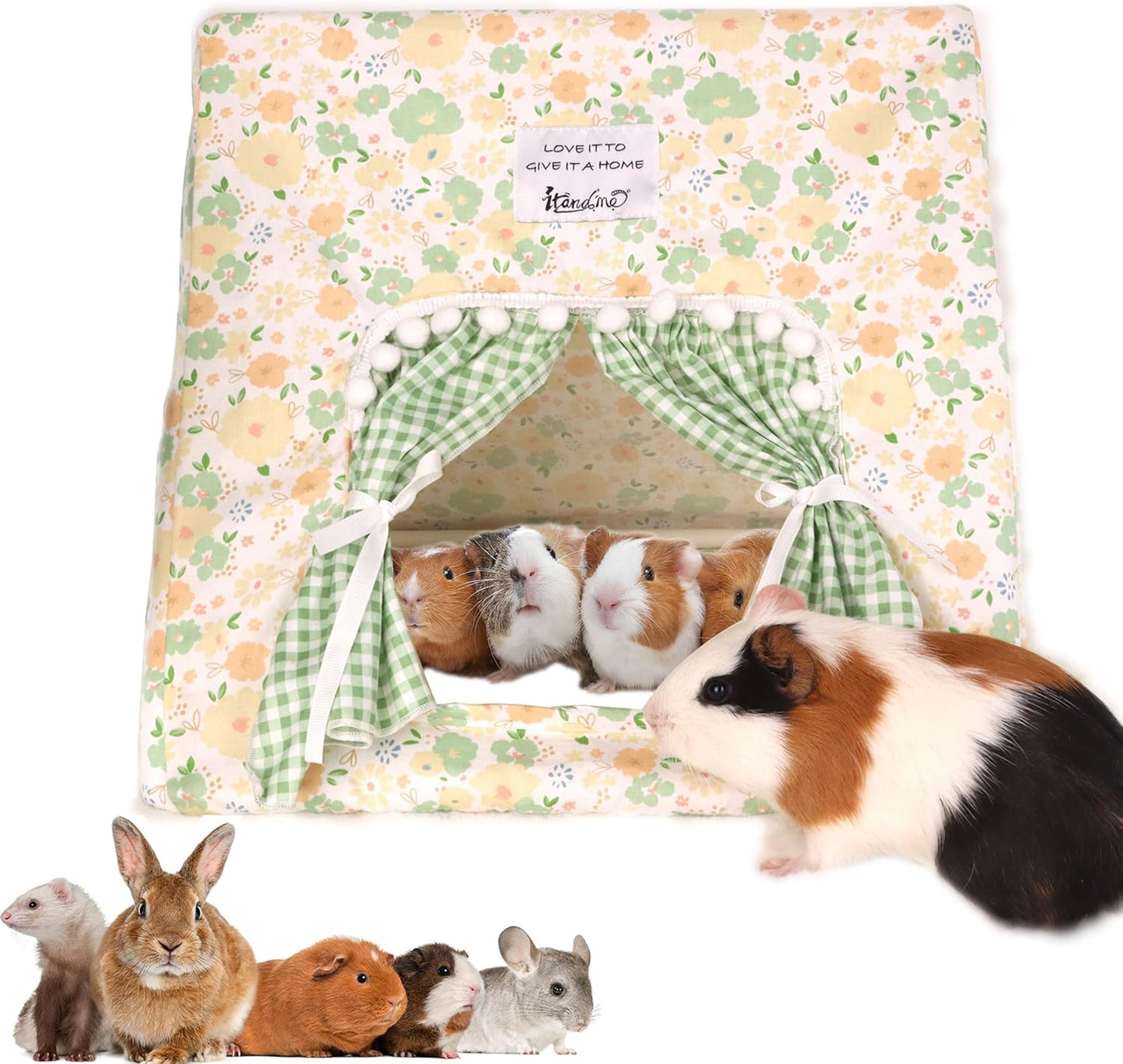 Guinea Pig Hideout Large with Curtain, Bunny Hideout, Machine Washable Guinea Pig Hide Tent Houses & Habitats, Small Animal Hideout for Pet Rabbit, Ferret, Rat, Chinchilla, Squirrel (Flower, Large)