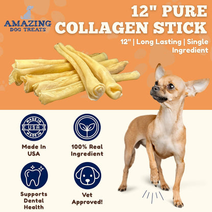 Amazing Dog Treats - Large Collagen Stick - (12 Inch - 4 Count) - Beef Cheek Rolls for Dogs - 100% Pure Collagen Sticks - No Hide Bones