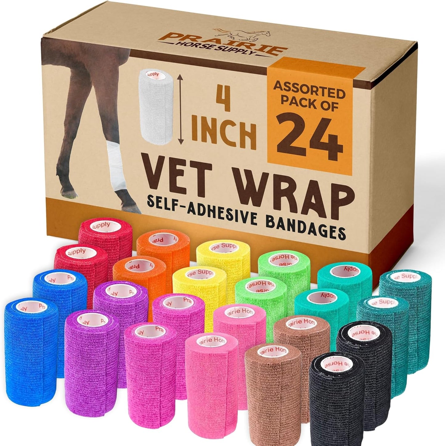 Prairie Horse Supply 24 Rolls Assorted Self Adhesive Bandage Wrap 4 Inch Elastic Cohesive Vet Tape for First Aid, Medical, Sport & Animals Wound