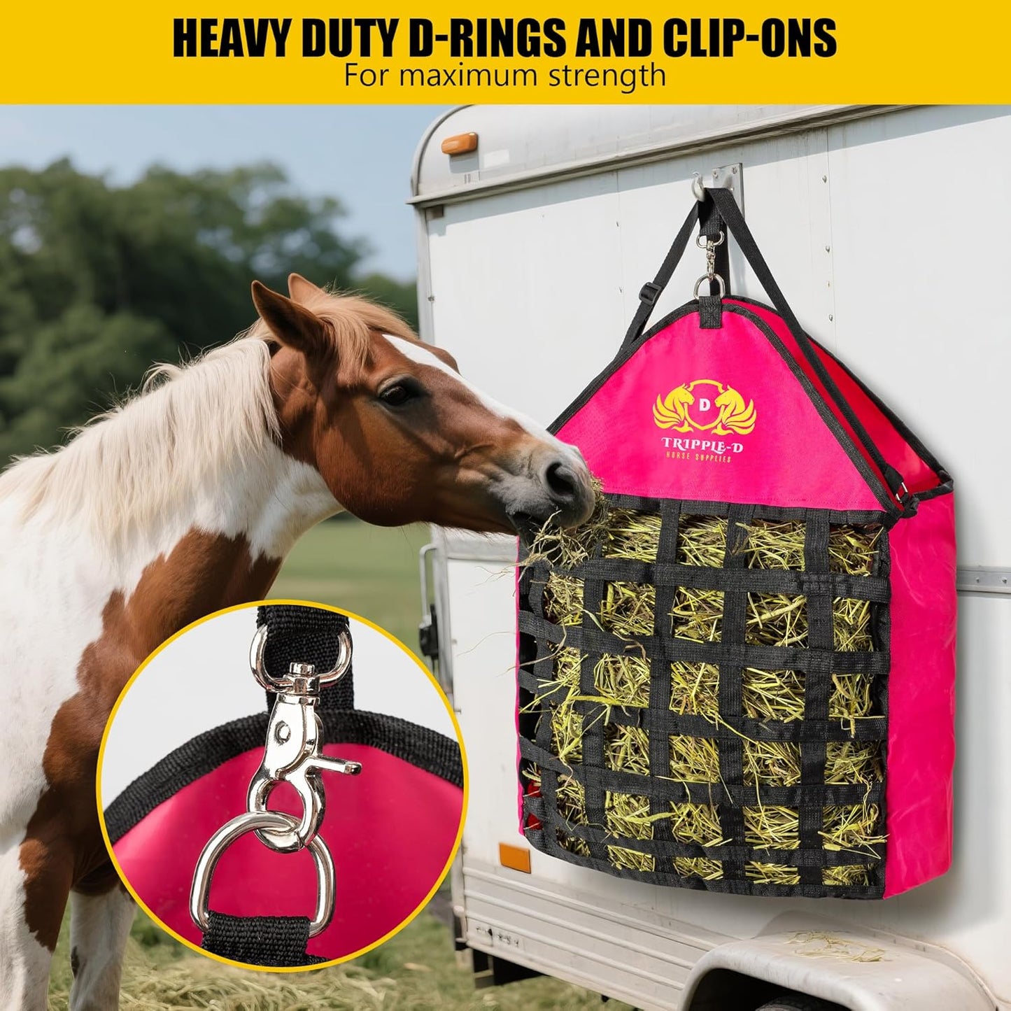 Tripple-D Horse Supplies top Loading Slow Feeder hay Bag, Equipment for Horses & Goats, Durable Strong Material and Nylon Feed net, Holds hay Bales securely, Reduces hay Waste, Nice feeders Storage