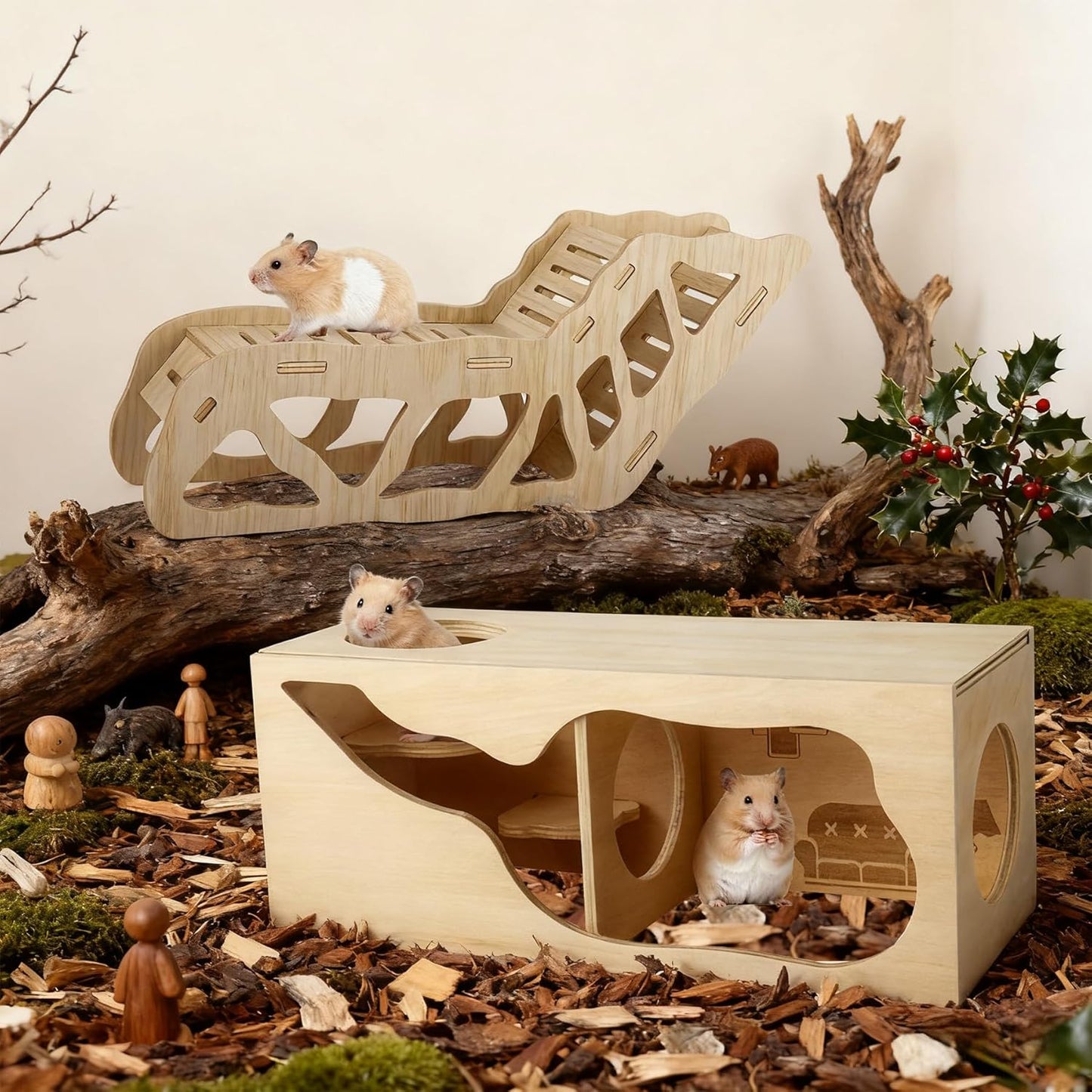 2Pcs Hamster House and Tunnel, Wooden Exploring Tunnel with Ladder, Small Animal Playground Exploring Toys for Syrian Dwarf Hamsters Gerbils Guinea Pig