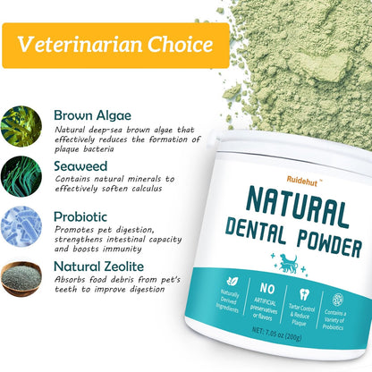 Dog Dental Kit, Dental Powder Contains Probiotics That Solve Bad Breath Through Internal Digestion, Finger Wipes Remove Plaque and Tartar from The Surface (50 Count & 7.05oz)