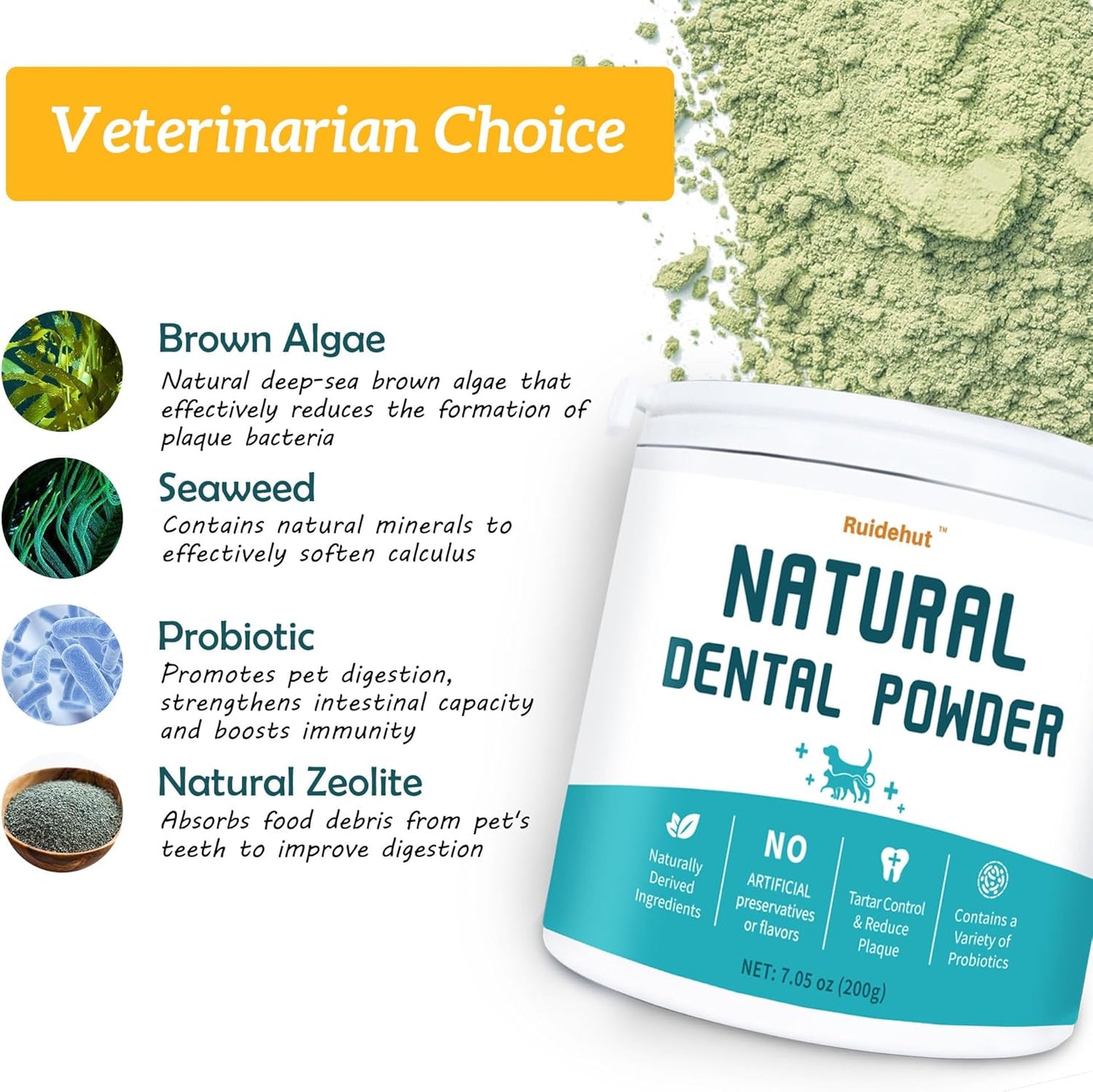 Dog Dental Kit, Dental Powder Contains Probiotics That Solve Bad Breath Through Internal Digestion, Finger Wipes Remove Plaque and Tartar from The Surface (50 Count & 7.05oz)