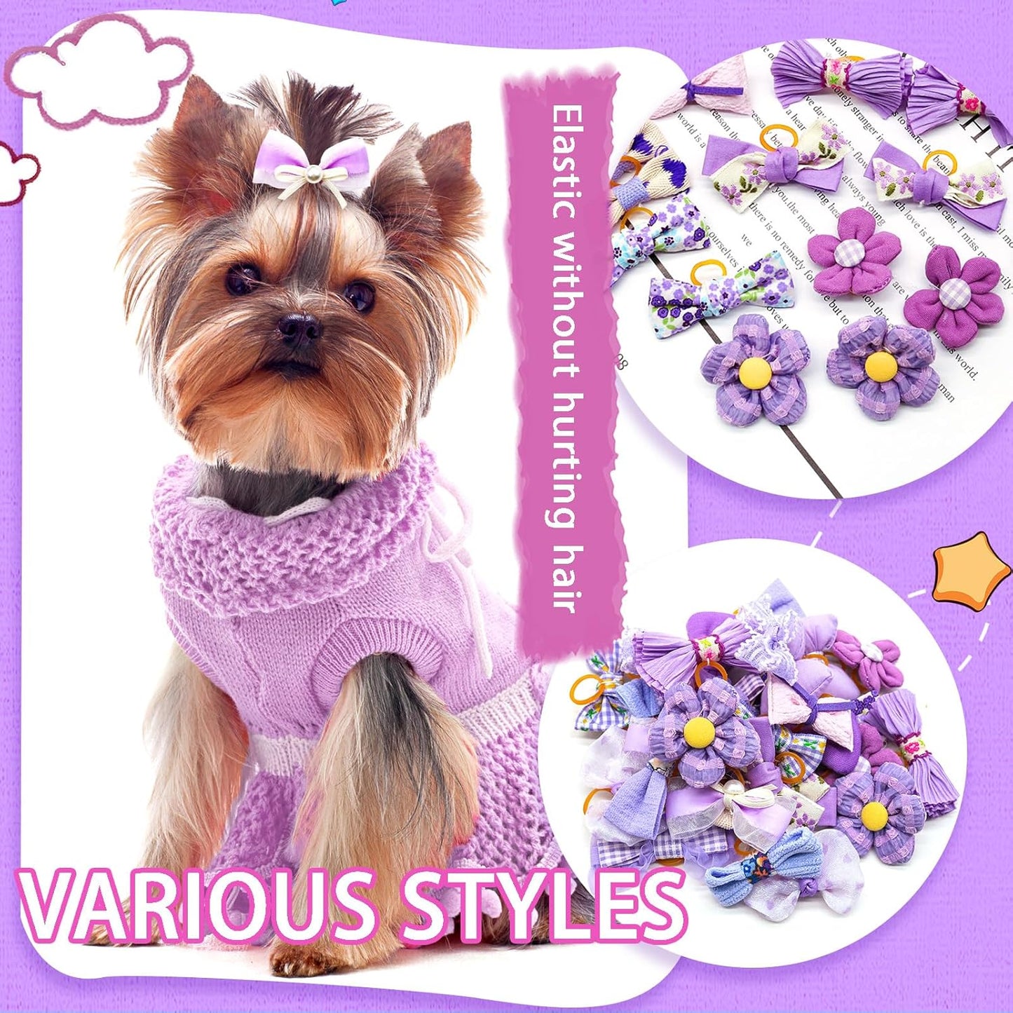 Mruq Purple Small Dog Hair Bows with Rubber Bands, Mix Handmade Cute Gooming Flower Ball Bows for Holiday Daily Accessories