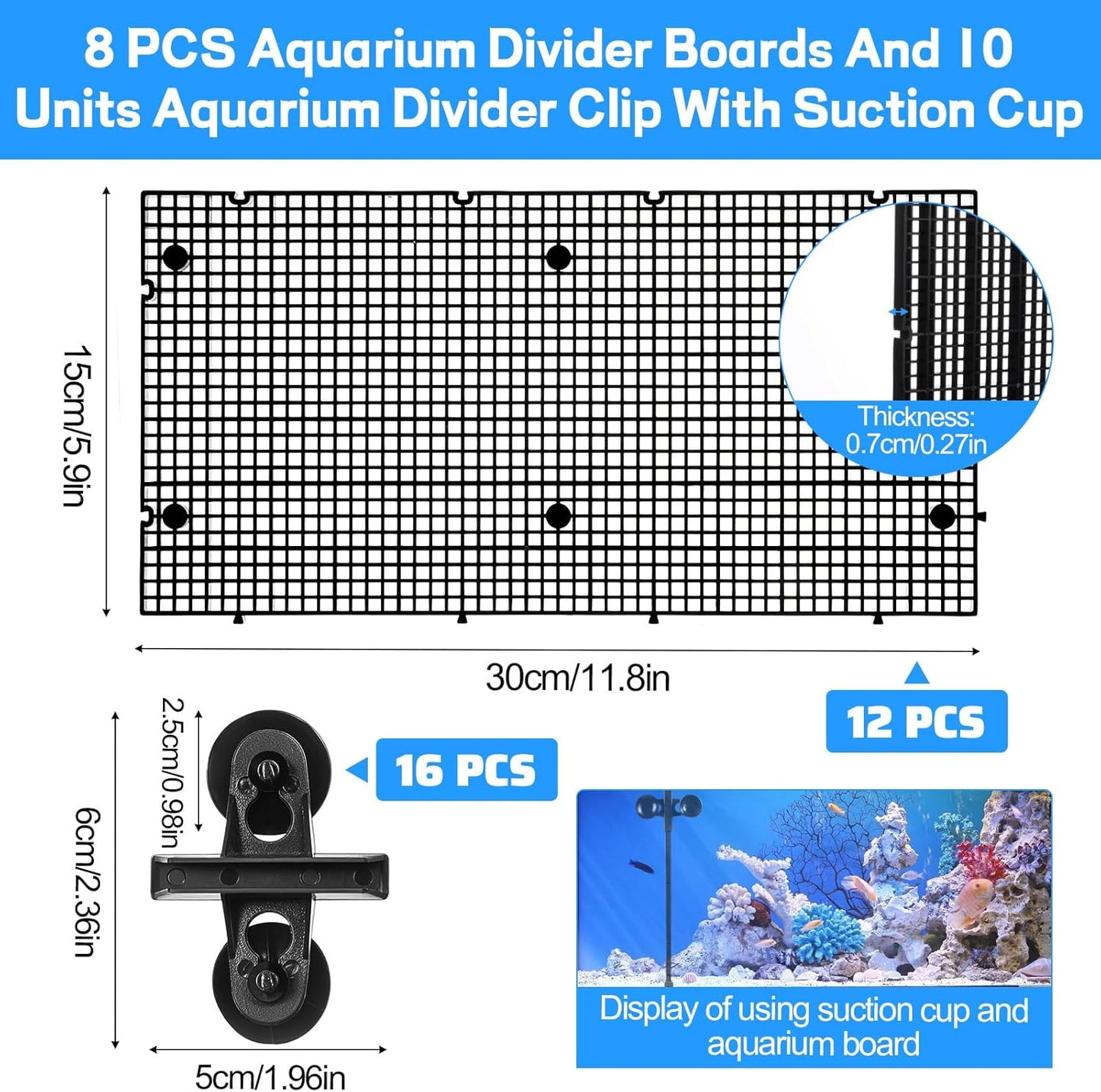 DIVINA VITAE 12Pcs Fish Tank Divider with 16 Suction Cups, 11.81 x 5.91inch Aquarium Divider Plastic Grid Sheet Adjustable Fish Tank Separator for DIY Filtration and Bottom Protection in Aquascaping