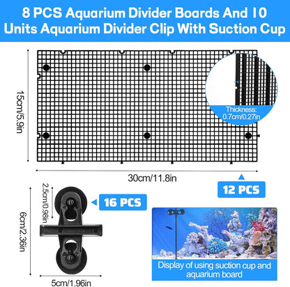 DIVINA VITAE 12Pcs Fish Tank Divider with 16 Suction Cups, 11.81 x 5.91inch Aquarium Divider Plastic Grid Sheet Adjustable Fish Tank Separator for DIY Filtration and Bottom Protection in Aquascaping