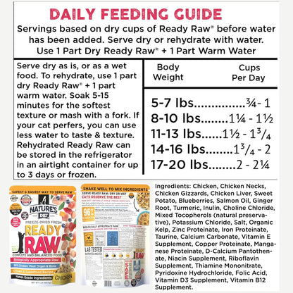 Nature's Diet Ready Raw : Freeze-Dried Raw Cat Food, Chicken, Human Grade, High Pressure Pasteurized (HPP), 96% Meat, Organ, Bone, Safe & Natural, Dry or Wet Feeding